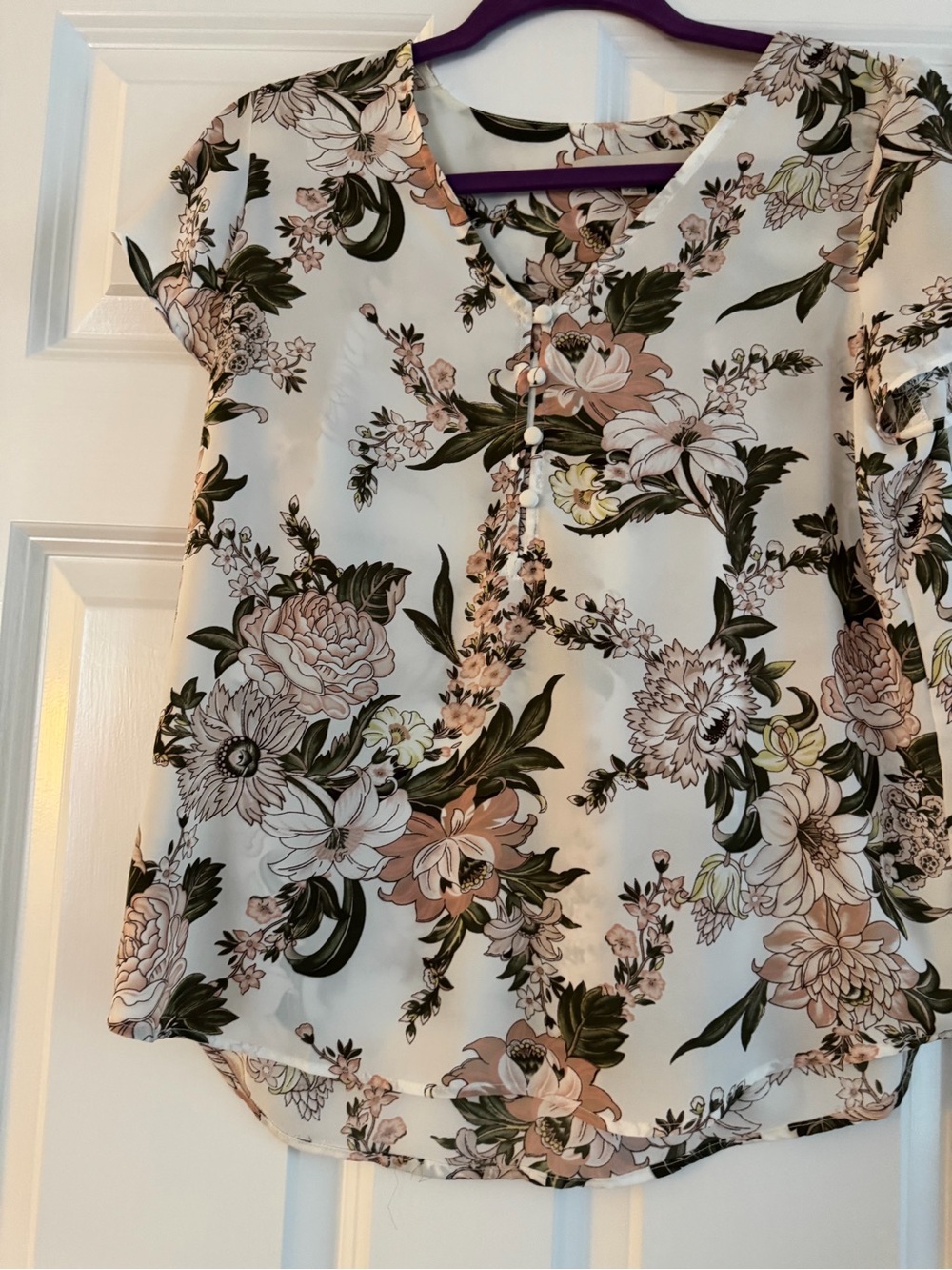 LOFT Floral V-Neck Blouse in Cream, Blush & Green
